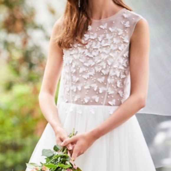 BHLDN White Sheer Butterfly Lace Bodice Wedding Dress Size 10 - Picture 3 of 12